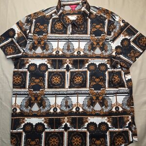 Guess‎ Los Angeles Mens XXL Baroque Chain Print Button Down Shirt Black Gold